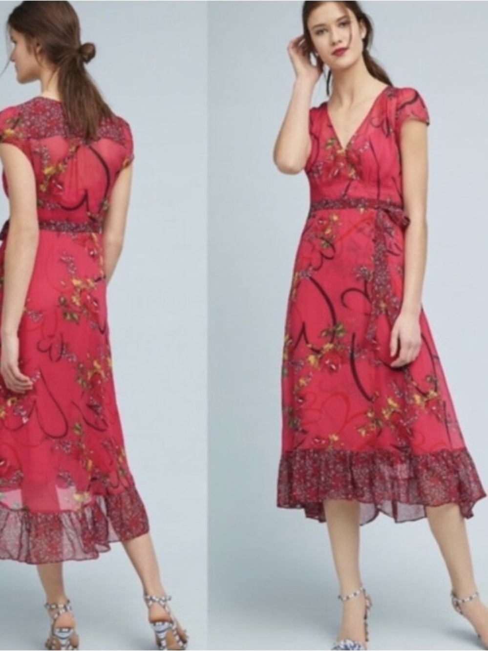 Anthropologie Red Floral Midi Dress Sz 16